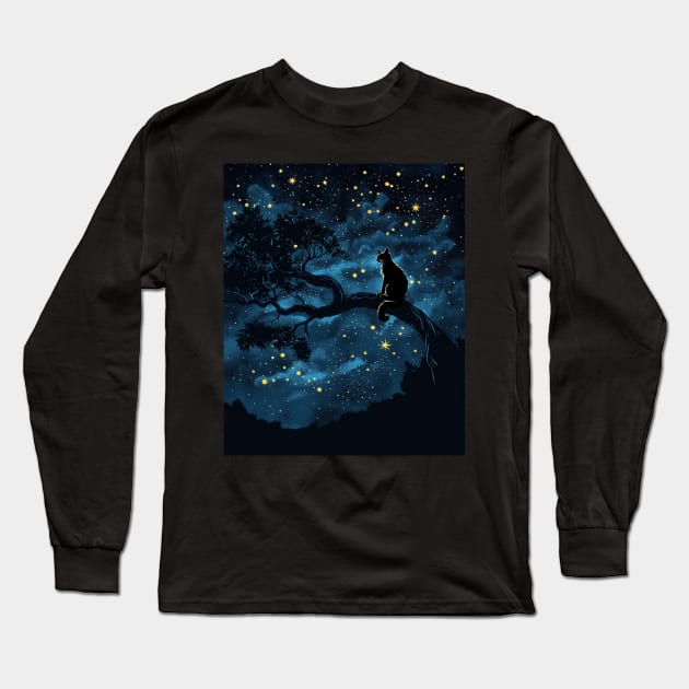 Cat Starry Night Serenity Long Sleeve T-Shirt by xXYazzyChanArtsXx